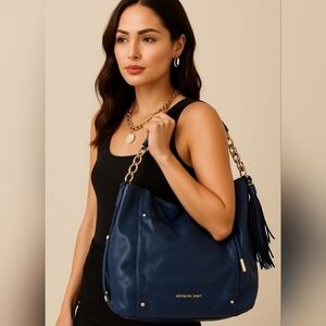 MICHAEL KORS BLUE LEATHER GOLD CHAIN DEVON LARGE SHOULDER TOTE BAG PURSE